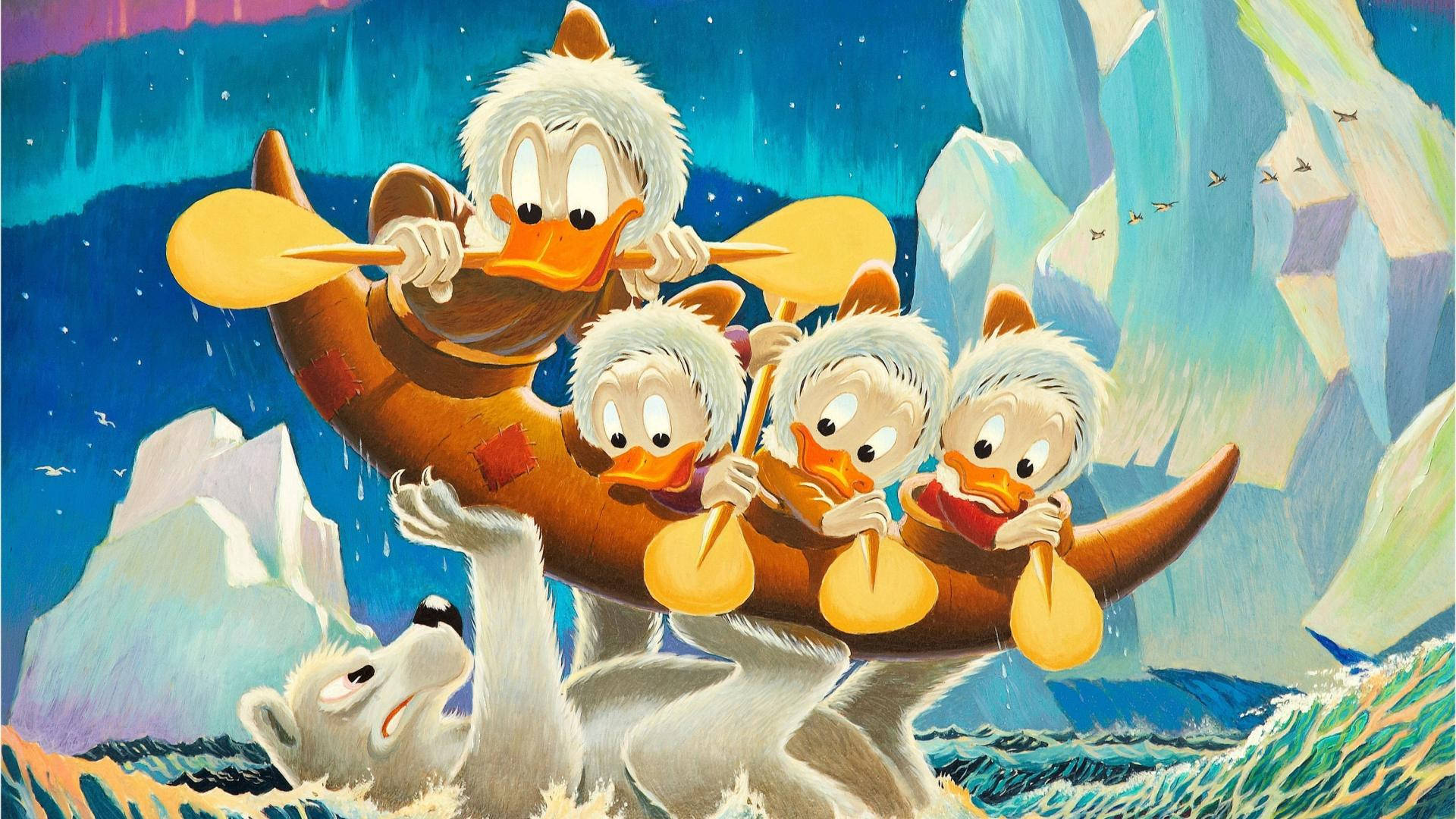 Scrooge Mcduck And Nephews With Bear Background