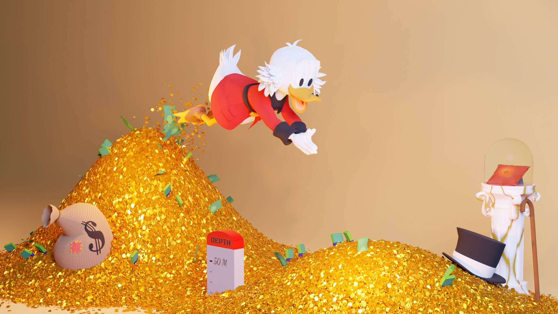 Scrooge Mcduck In Mountains Of Gold Background