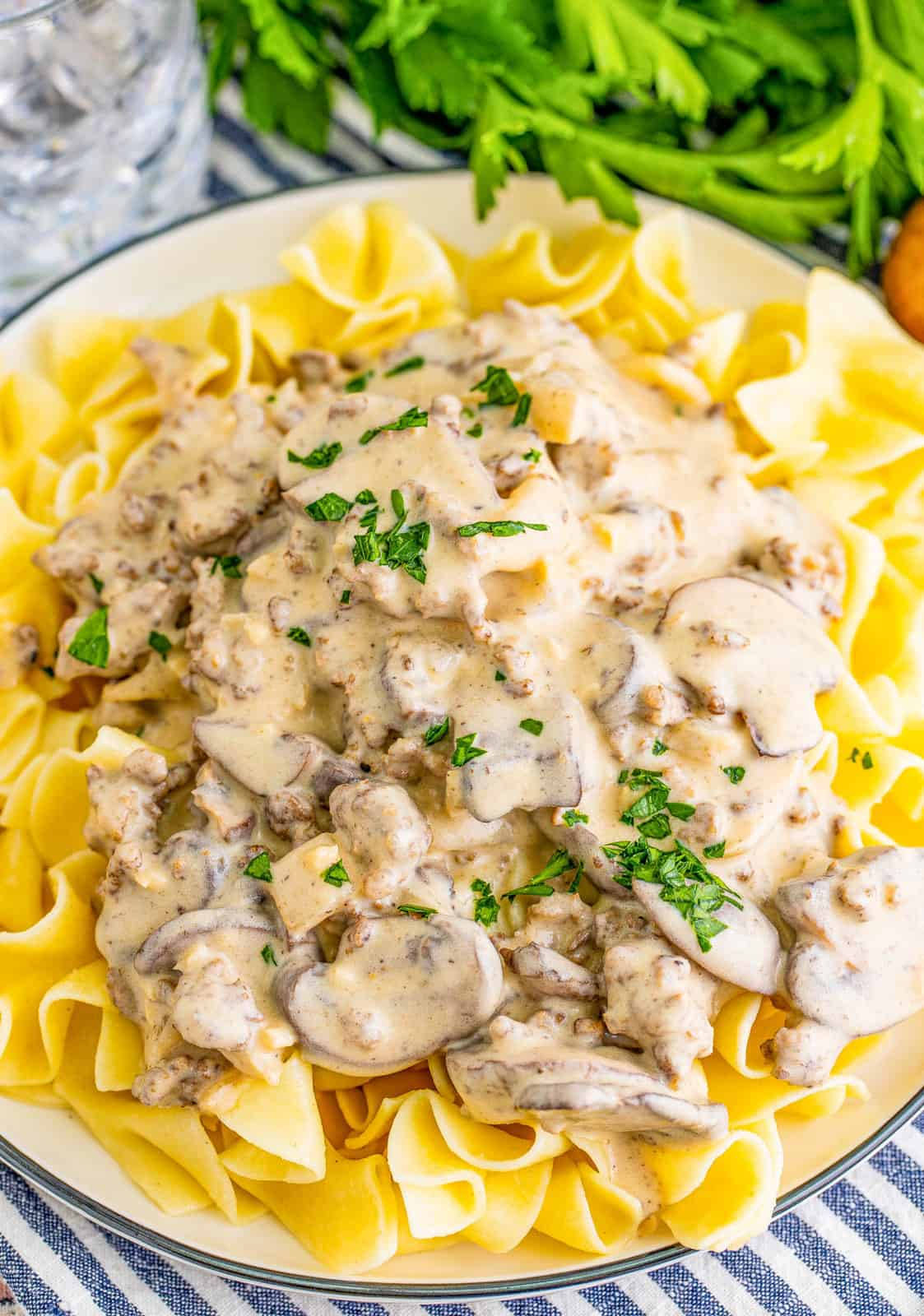 Scrumptious Beef Stroganoff Served With Reginette Pasta Background