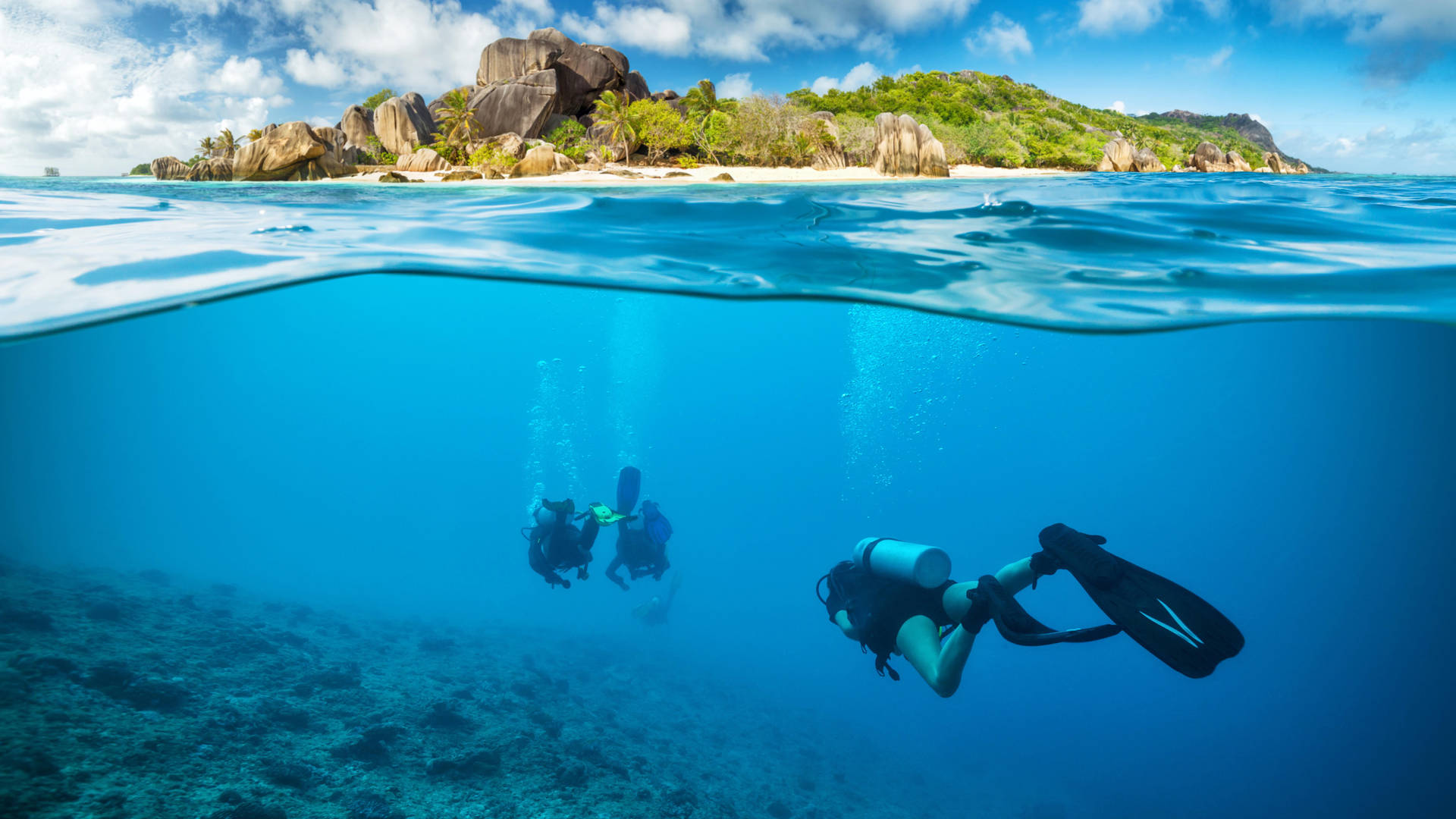 Scuba Divers Swimming Under The Sea Background