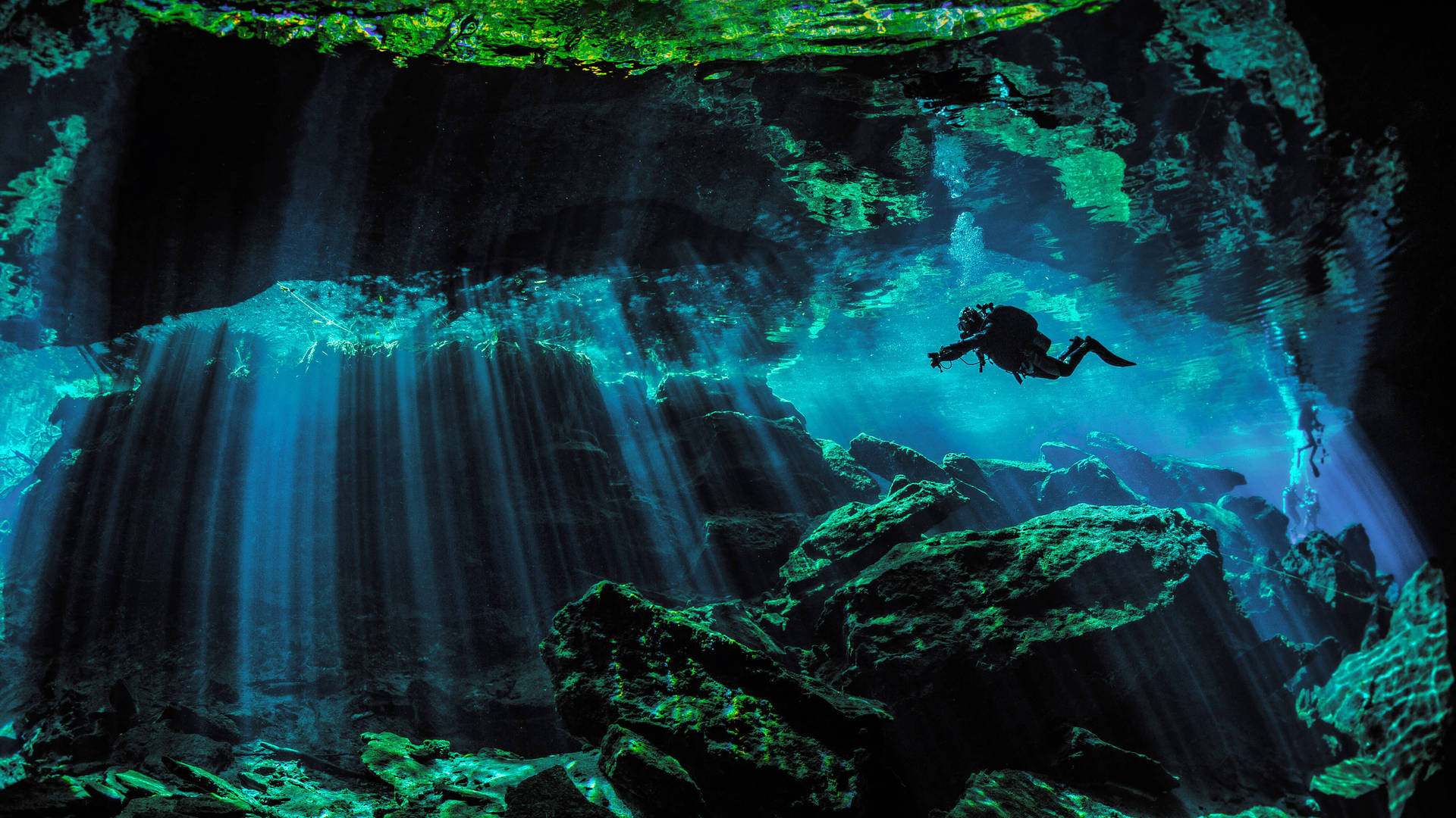 Scuba Diving Cave Light Rays Background