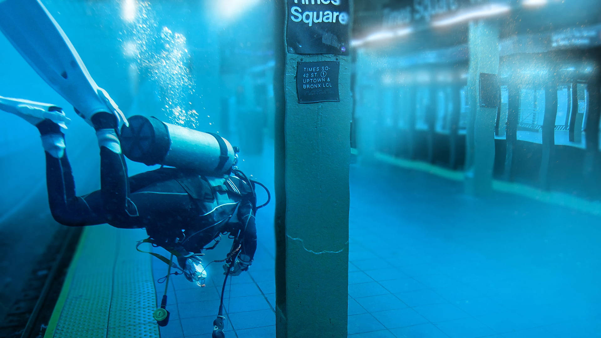 Scuba Diving In Flooded Subway Background