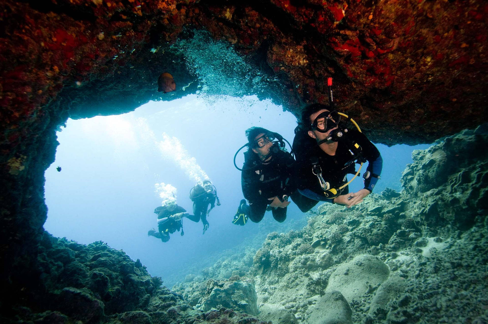 Scuba Diving In Underwater Cave Background