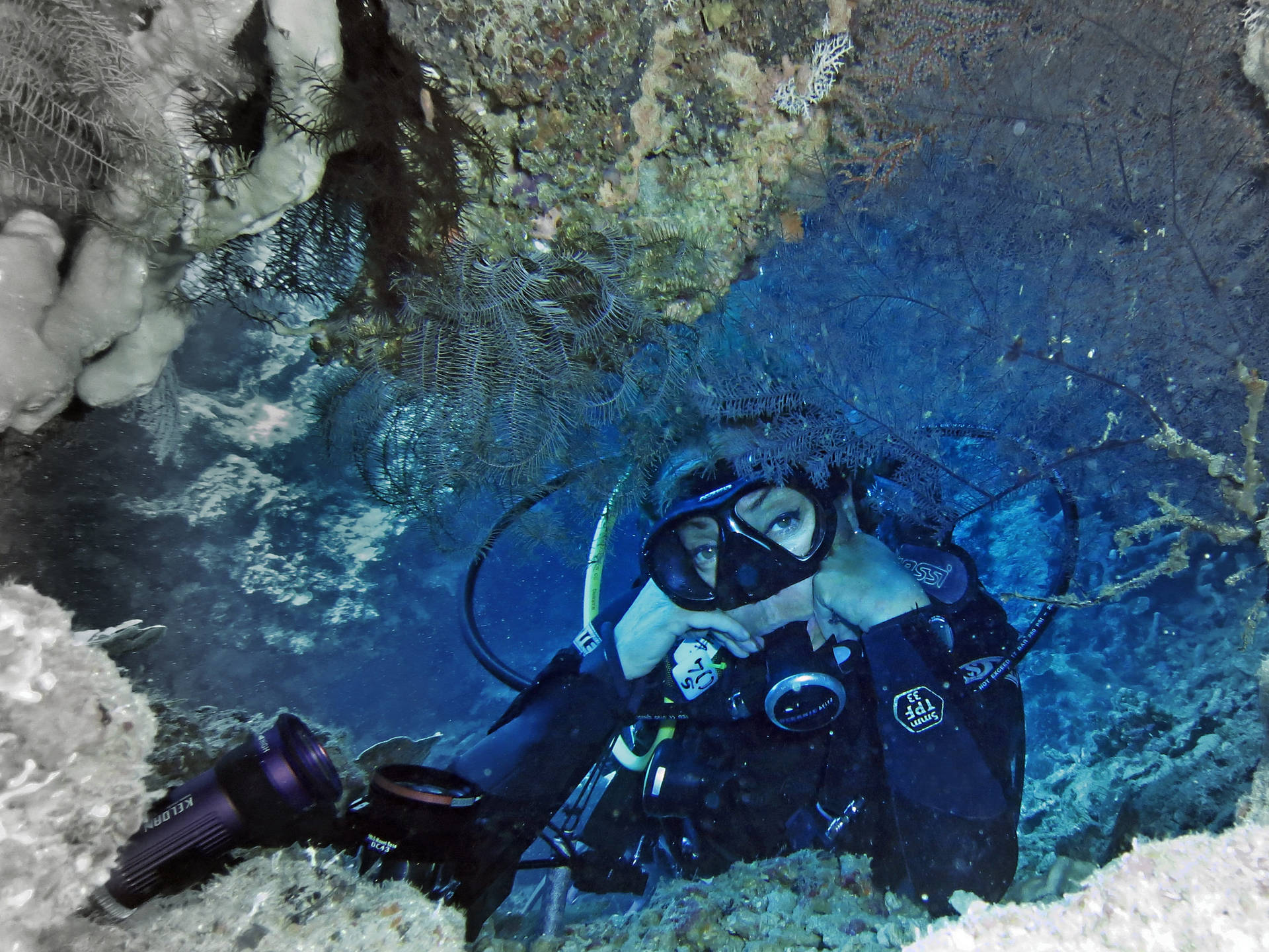 Scuba Diving Taking Photo Underwater Background