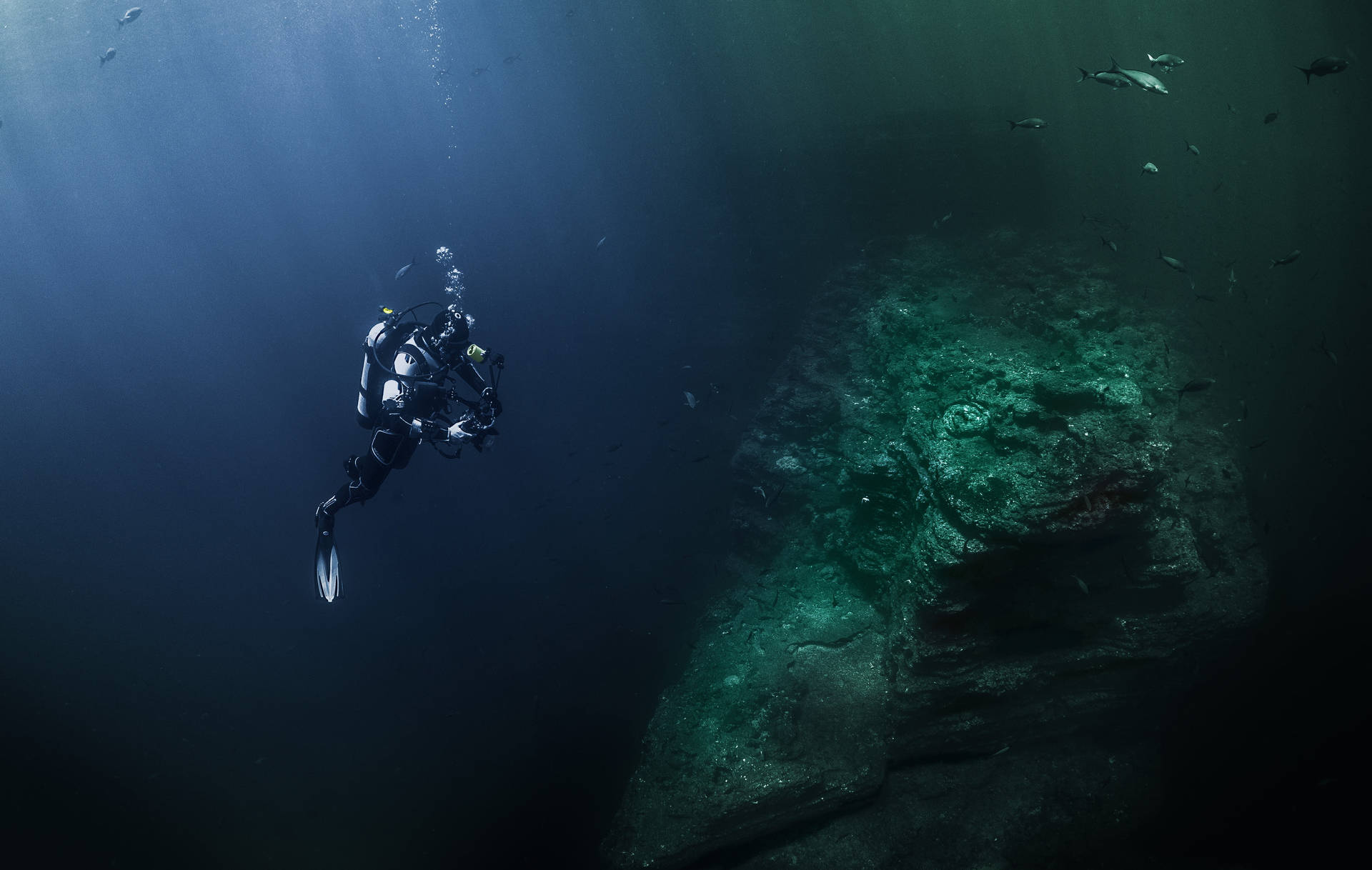 Scuba Diving Underwater Rock Cliff Background
