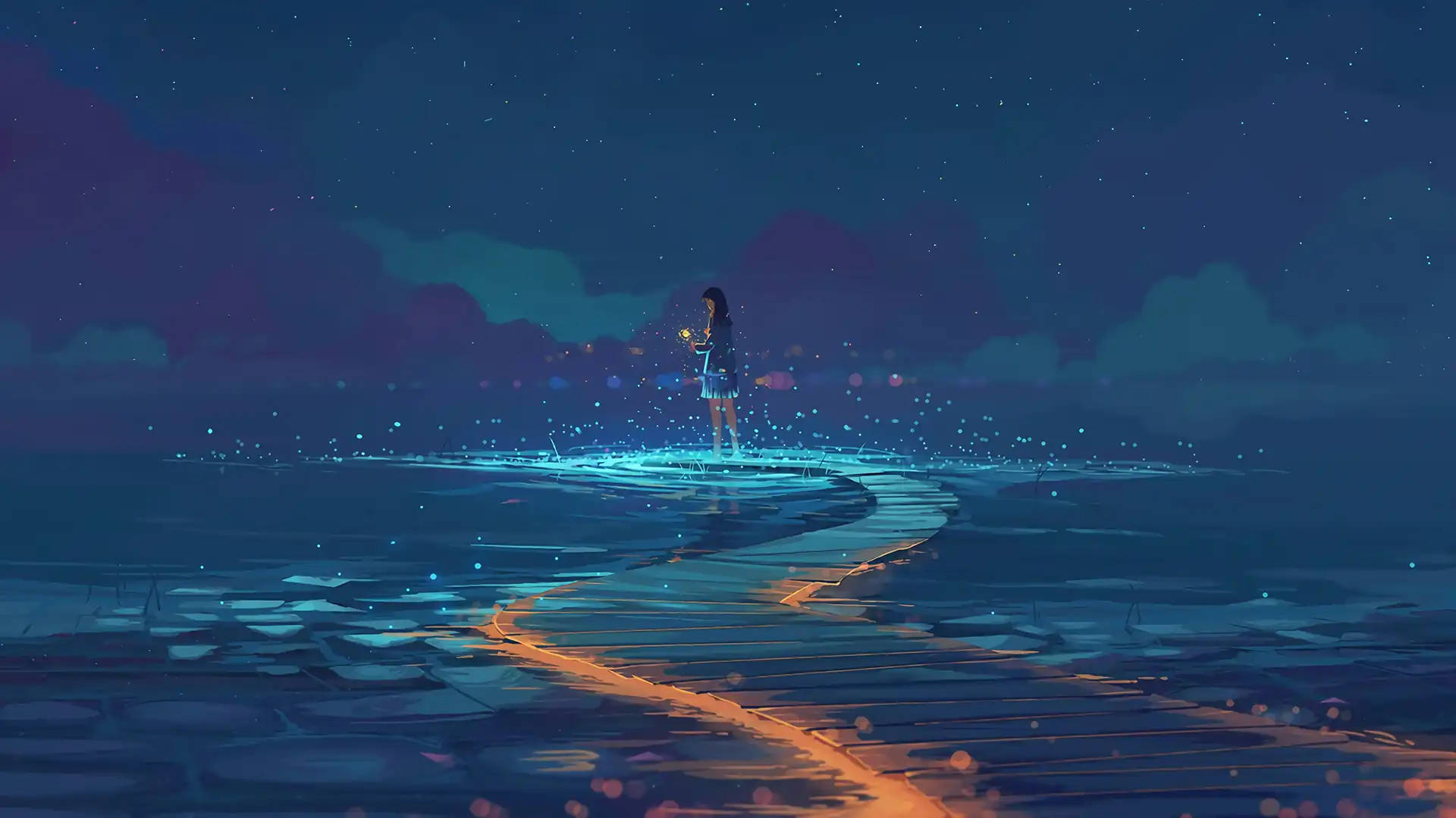 Sea Lights Aesthetic Anime Art Desktop Background