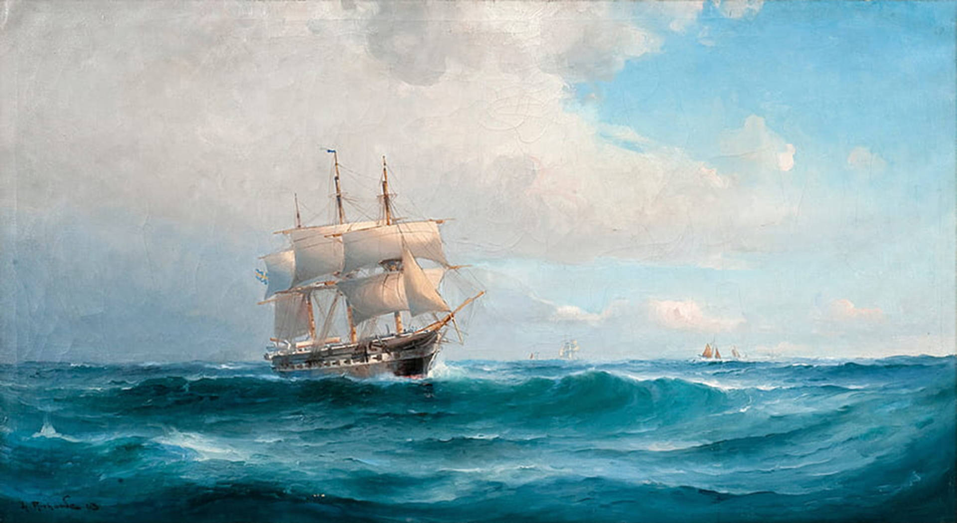 Sea Ship Blue Painting Background