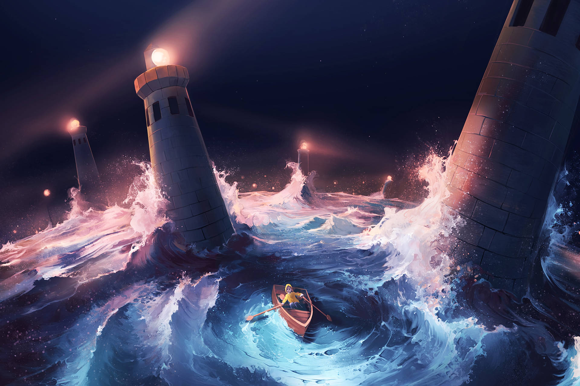 Sea Storm Near Lighthouses Art Background