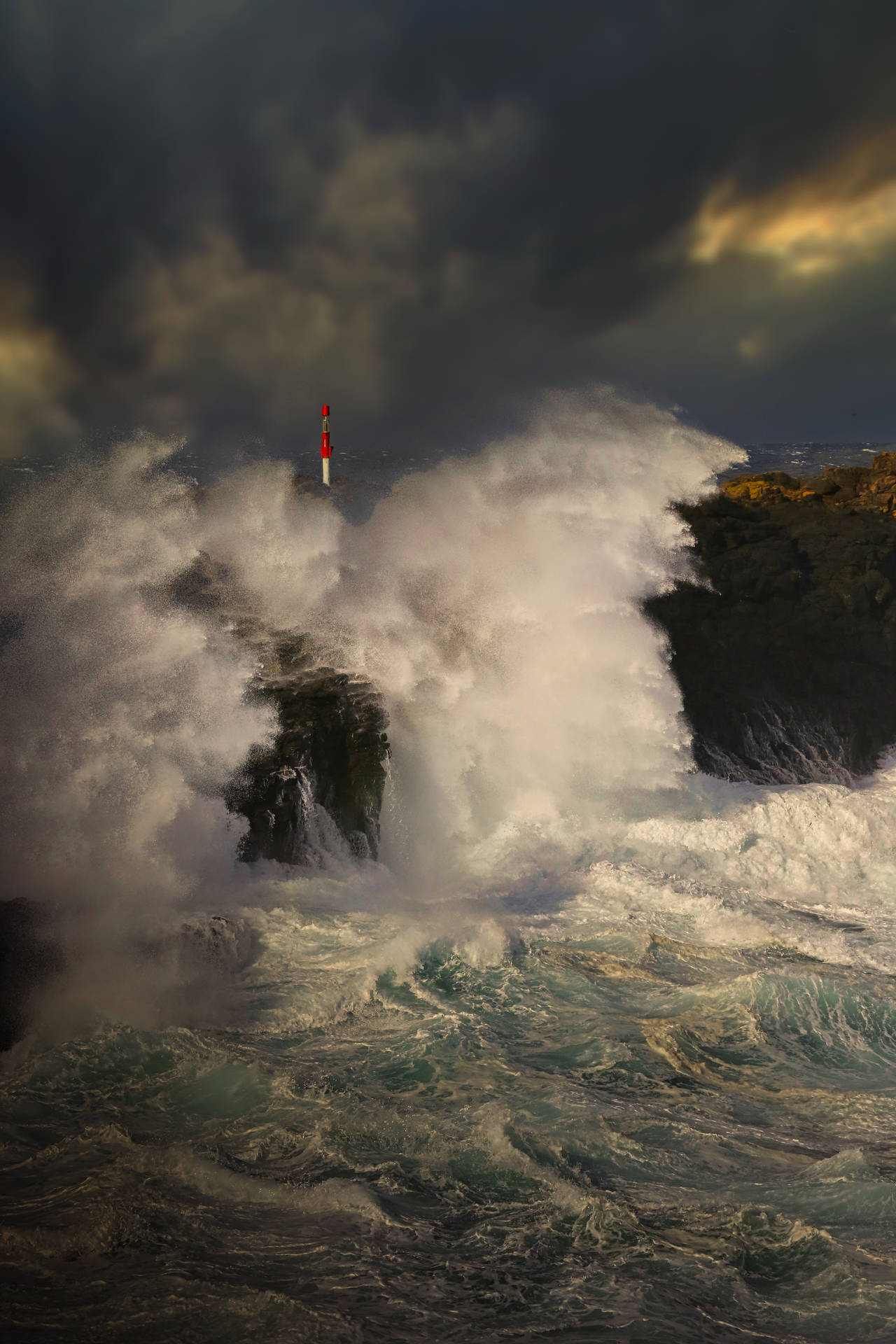 Sea Storm Waves And Lighthouse