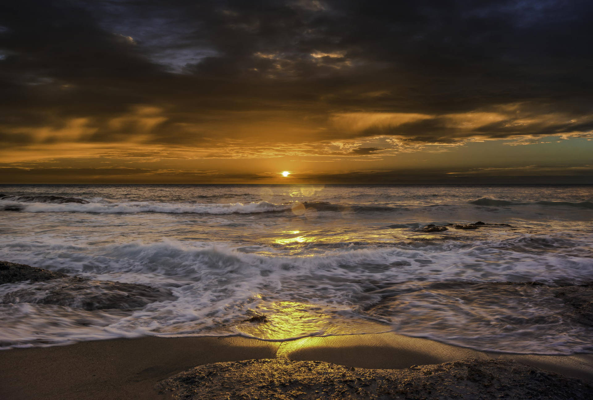 Sea Waves Dark Sunrise Background