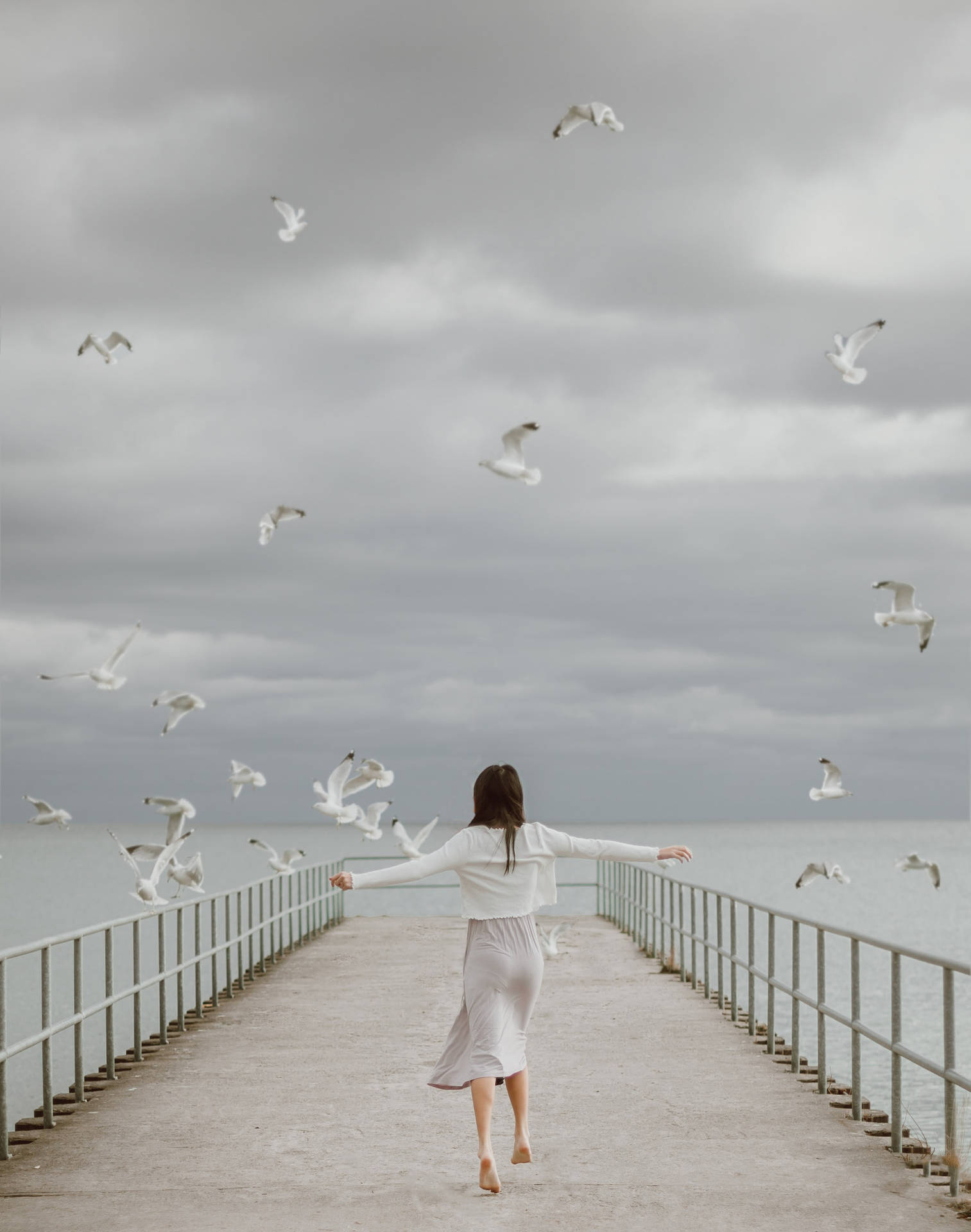 Seagull Birds Flying Over A Woman Background