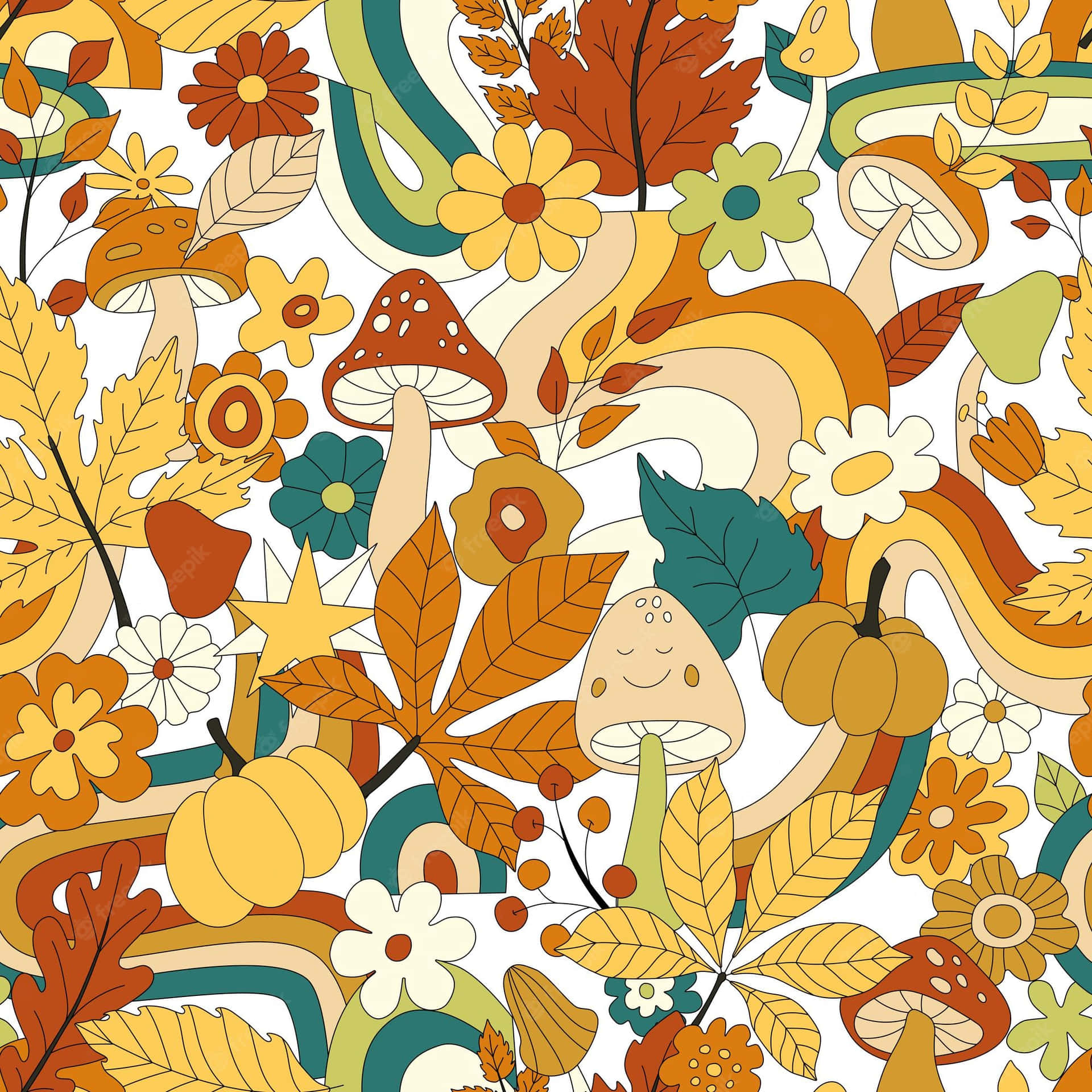 Seamless 70s Floral And Mushroom Pattern Background