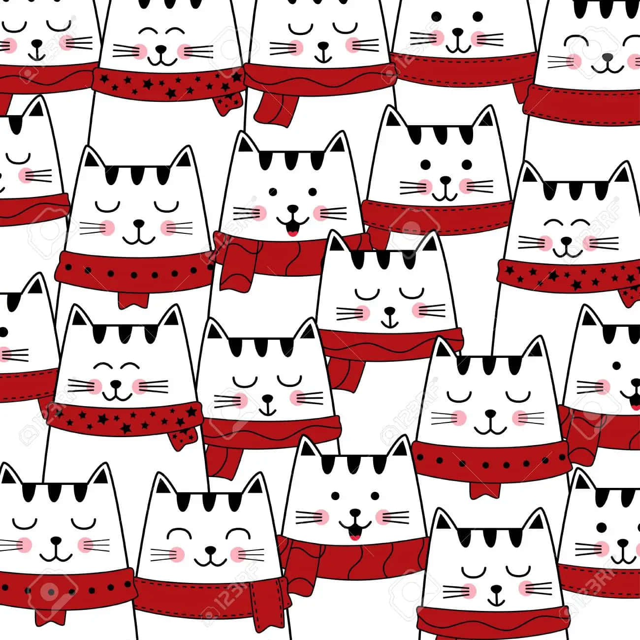 Seamless Cute Cat Pattern With Red Scarf Background