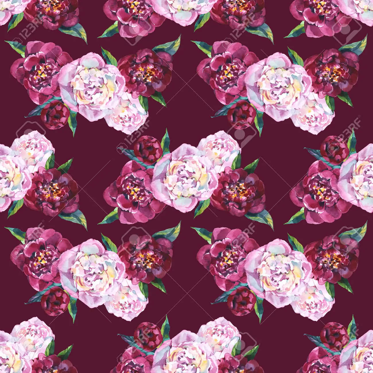 Seamless Pattern With Pink And White Flowers On A Maroon Background Background