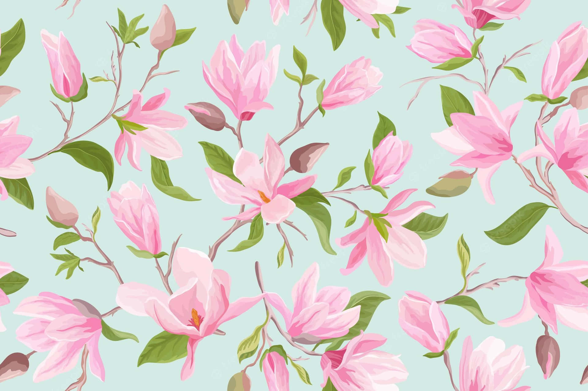 Seamless Watercolor Pink Magnolia Flower