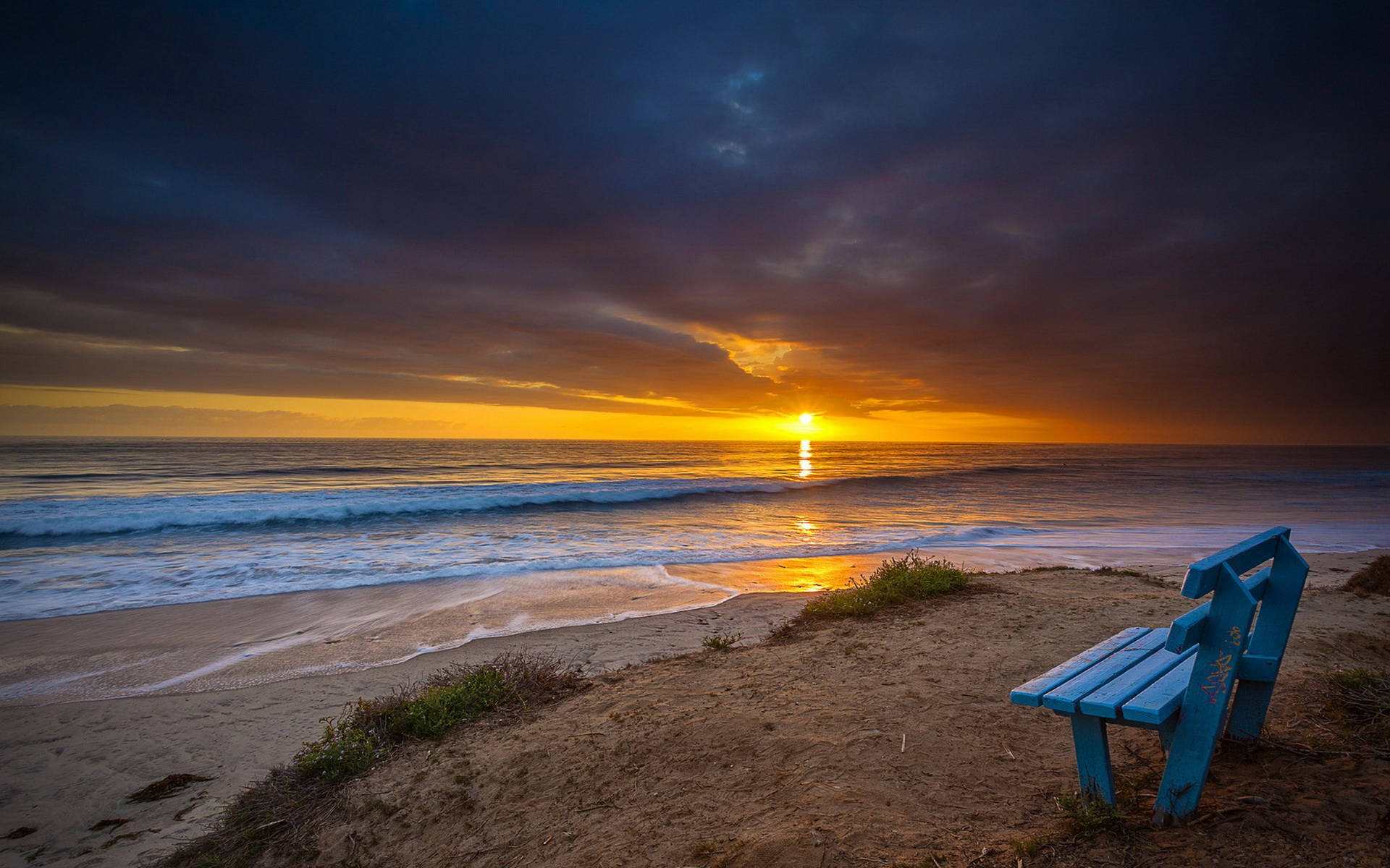 Seaside Bench At Sunset Background