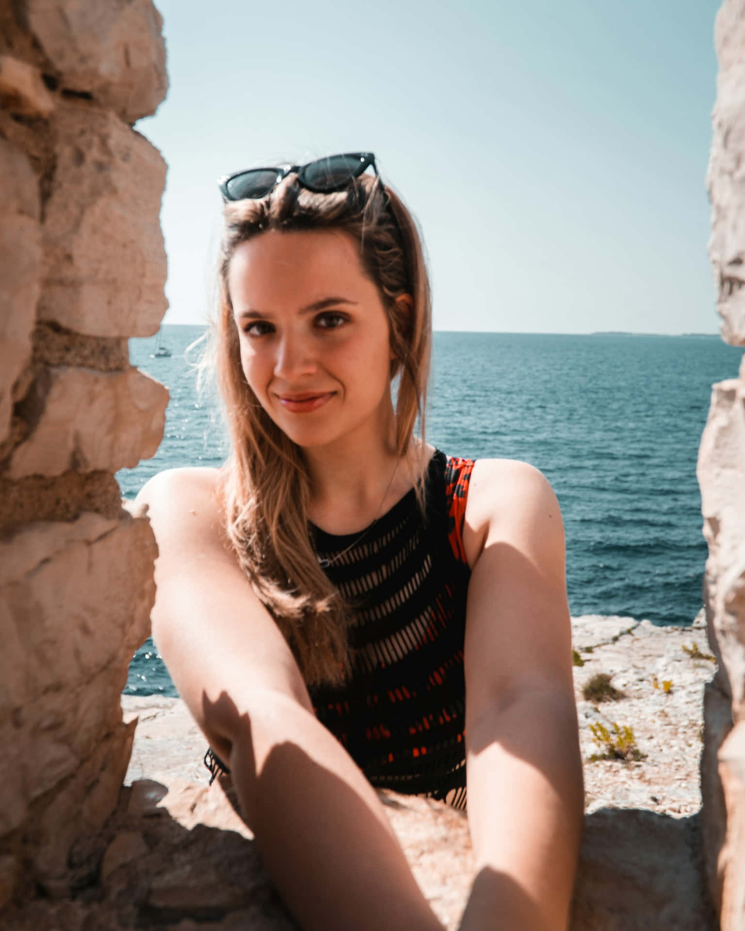 Seaside_ Smiling_ Woman_ Sunglasses Background