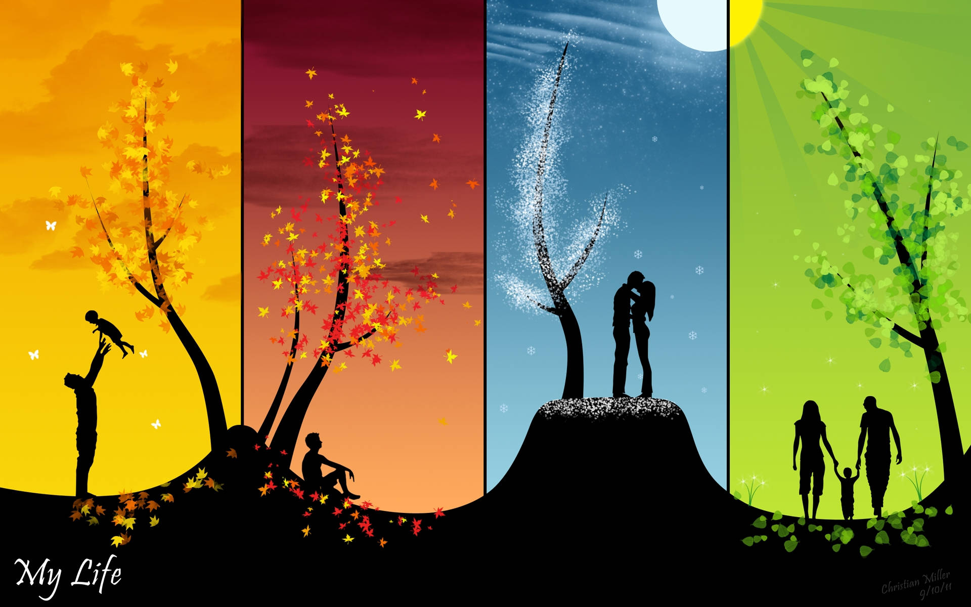 Seasonal Silhouette With Different Weather Background