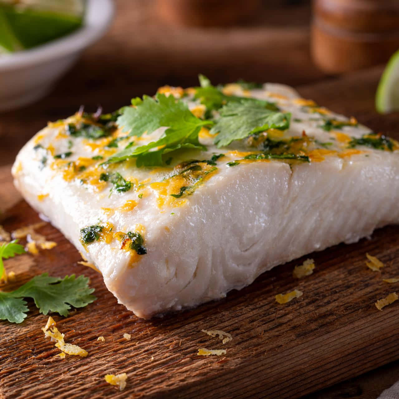 Seasoned Halibut Steak Cilantro Garnish Background