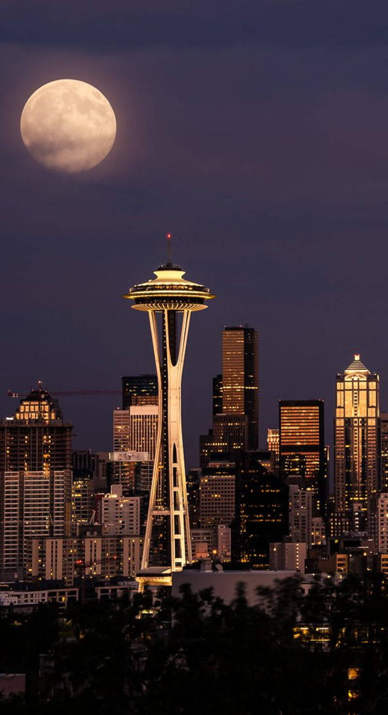 Seattle Iphone Space Needle And Moon Background