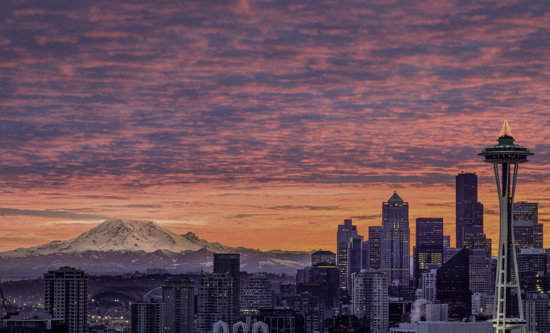 Seattle Skyline At Sunset Background