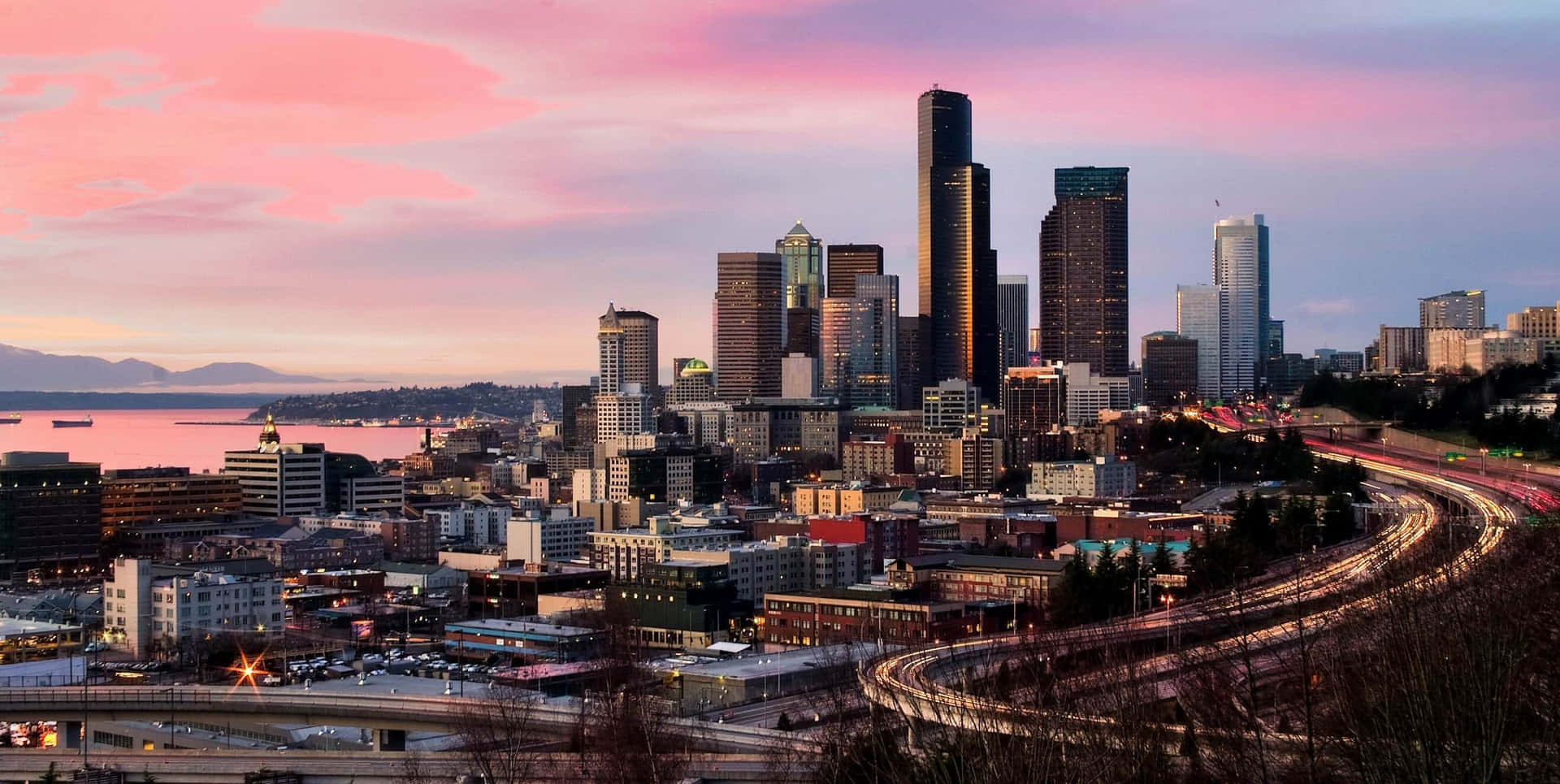 Seattle Skyline At Sunset Background