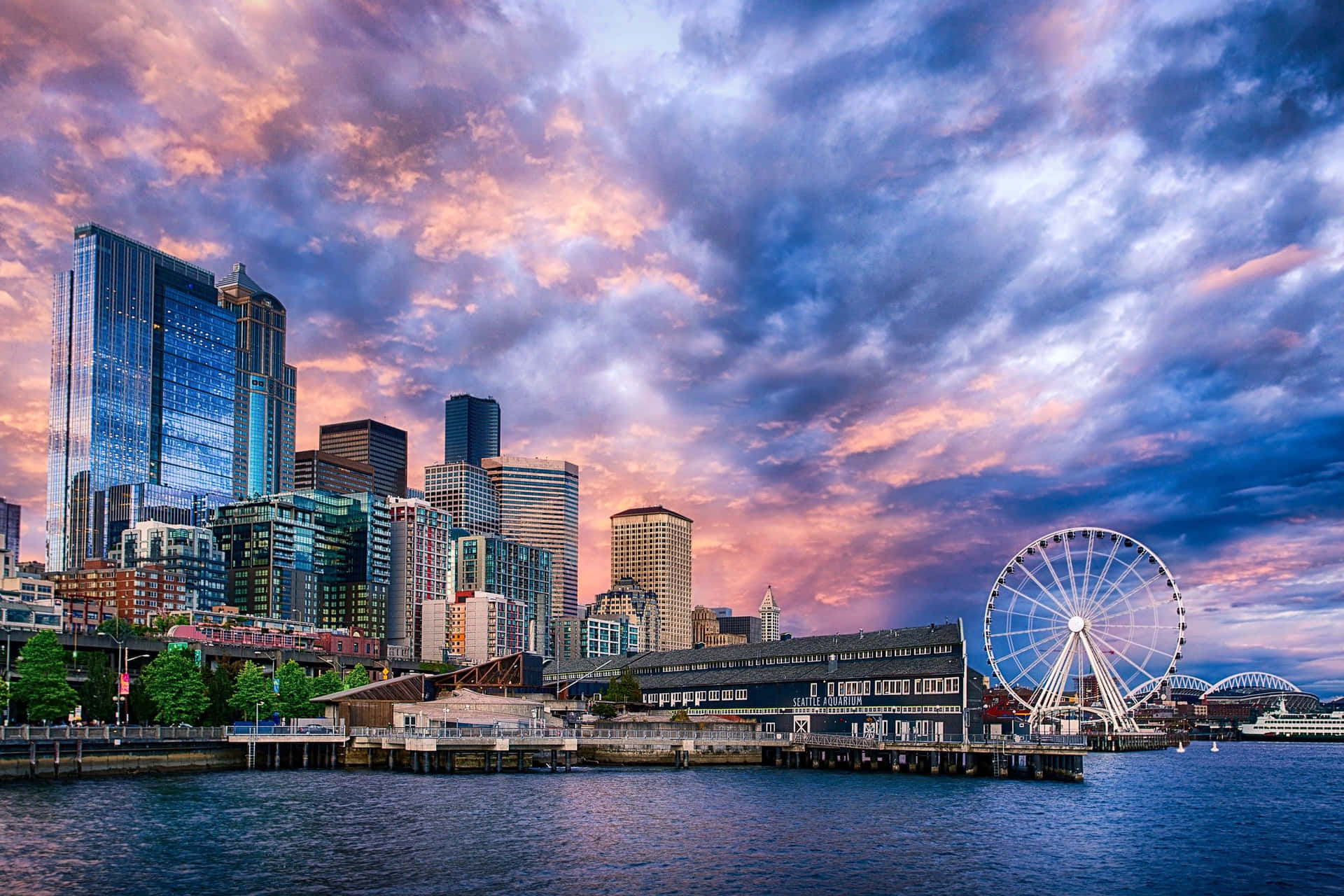 Seattle Skyline At Sunset Background