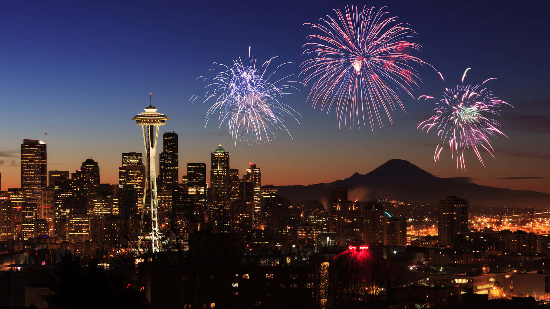 Seattle Skyline Fireworks Display Background