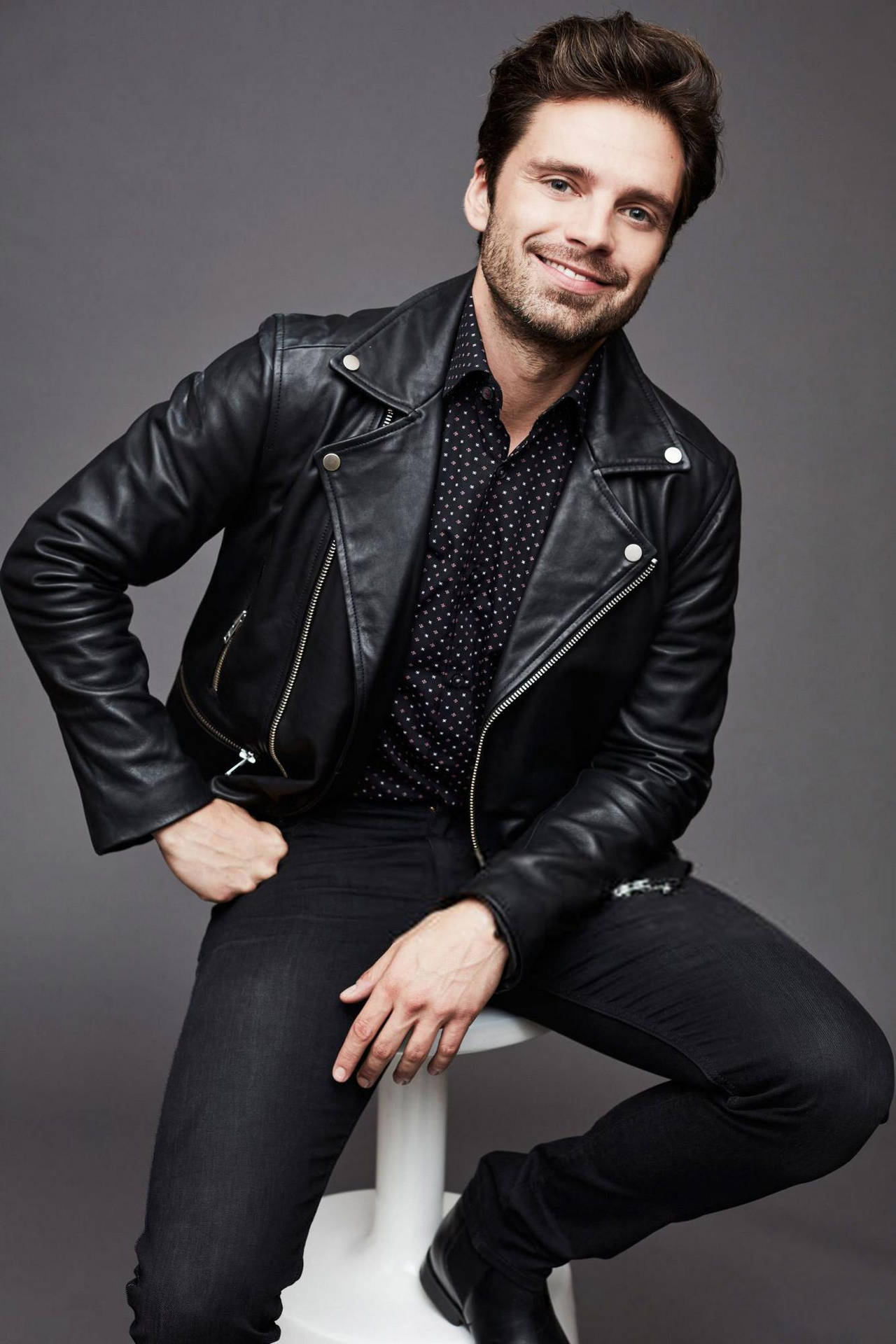 Sebastian Stan Black Leather Jacket Background