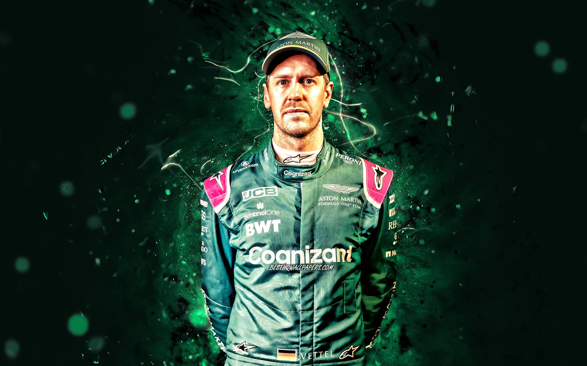 Sebastian Vettel Adorned In Green Racing Gear Background