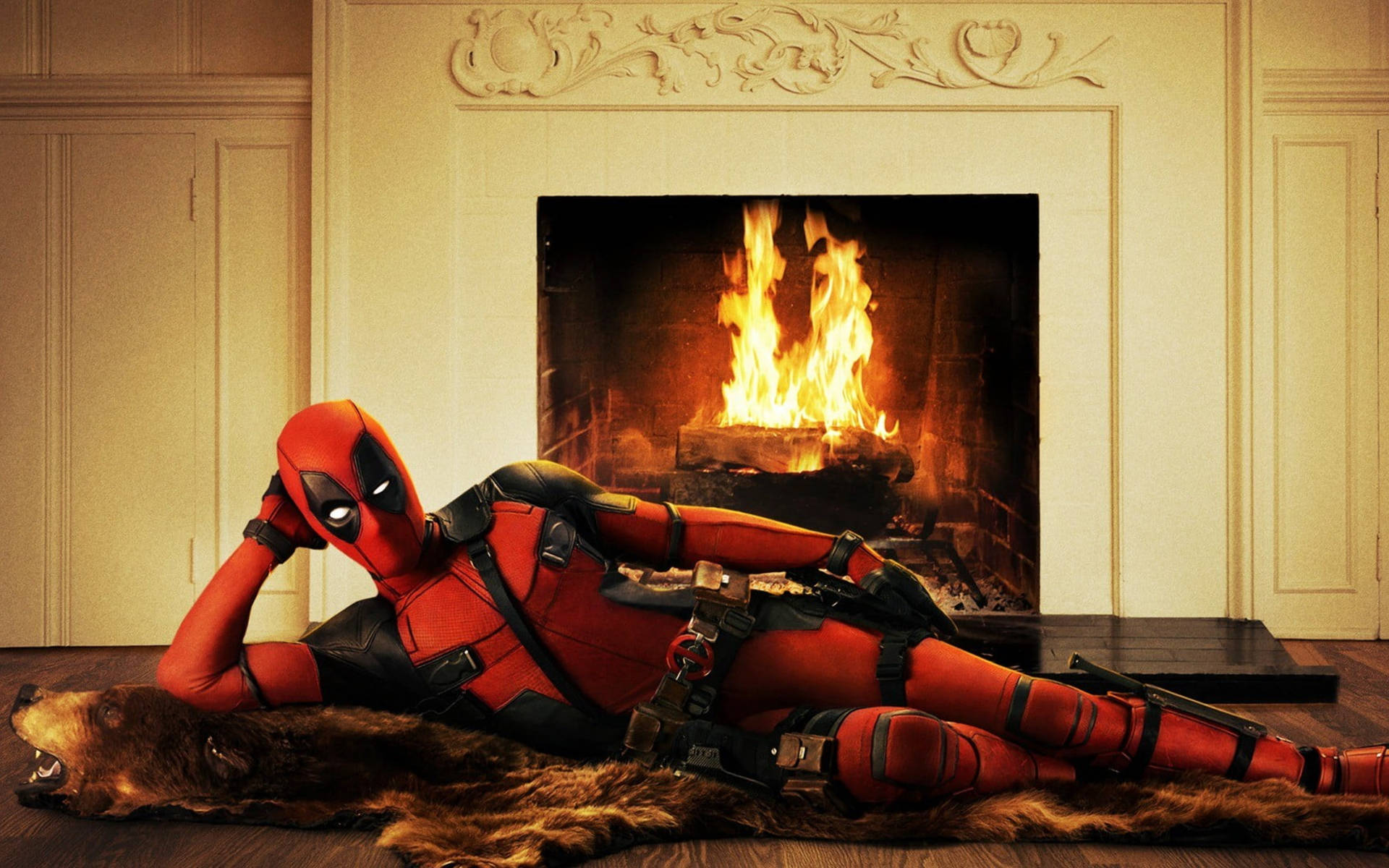 Seductive Deadpool On A Fireplace Background