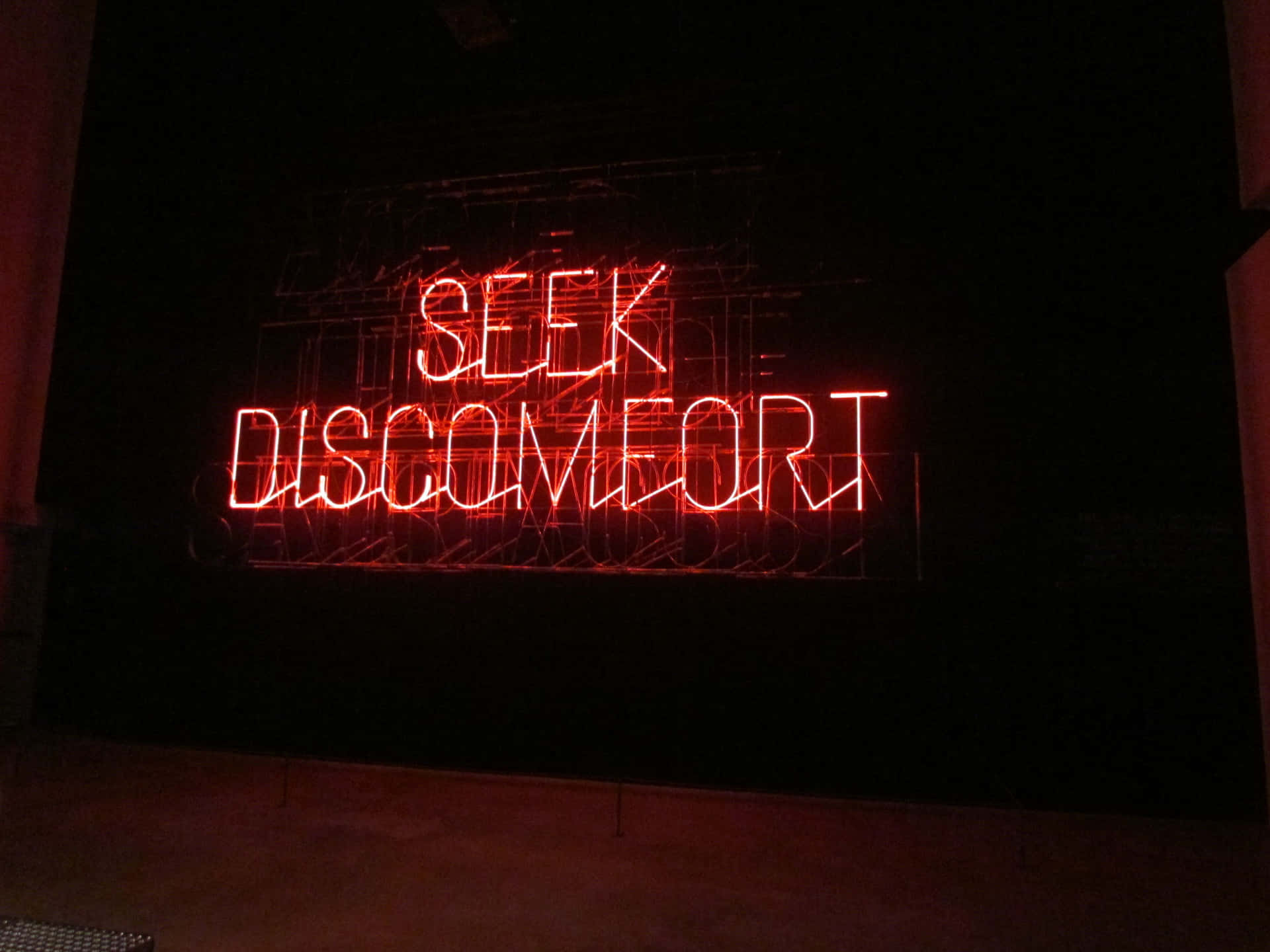 Seek Discomfort, A Neon Sign In A Dark Room Background