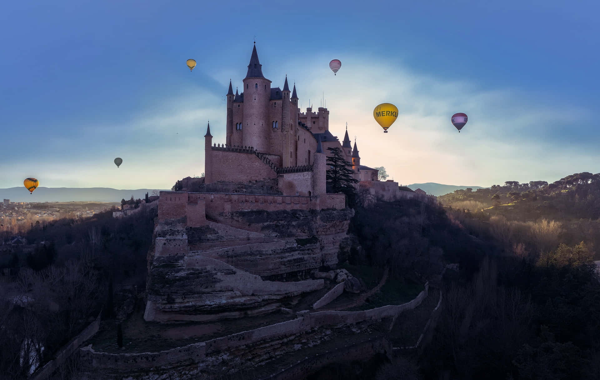 Segovia Castle And Hot Air Balloons Background