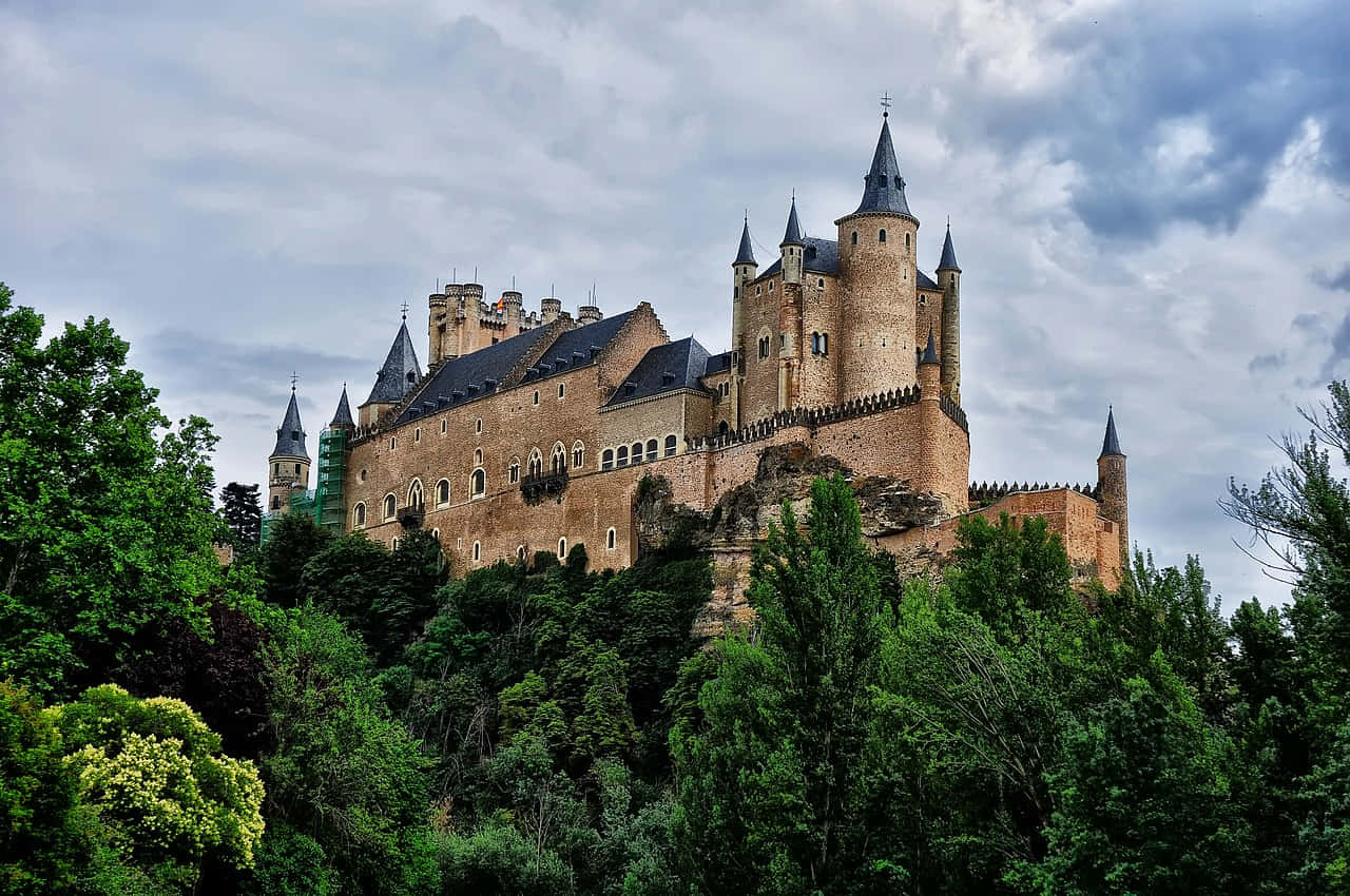 Segovia Castle And Lush Green Trees Background
