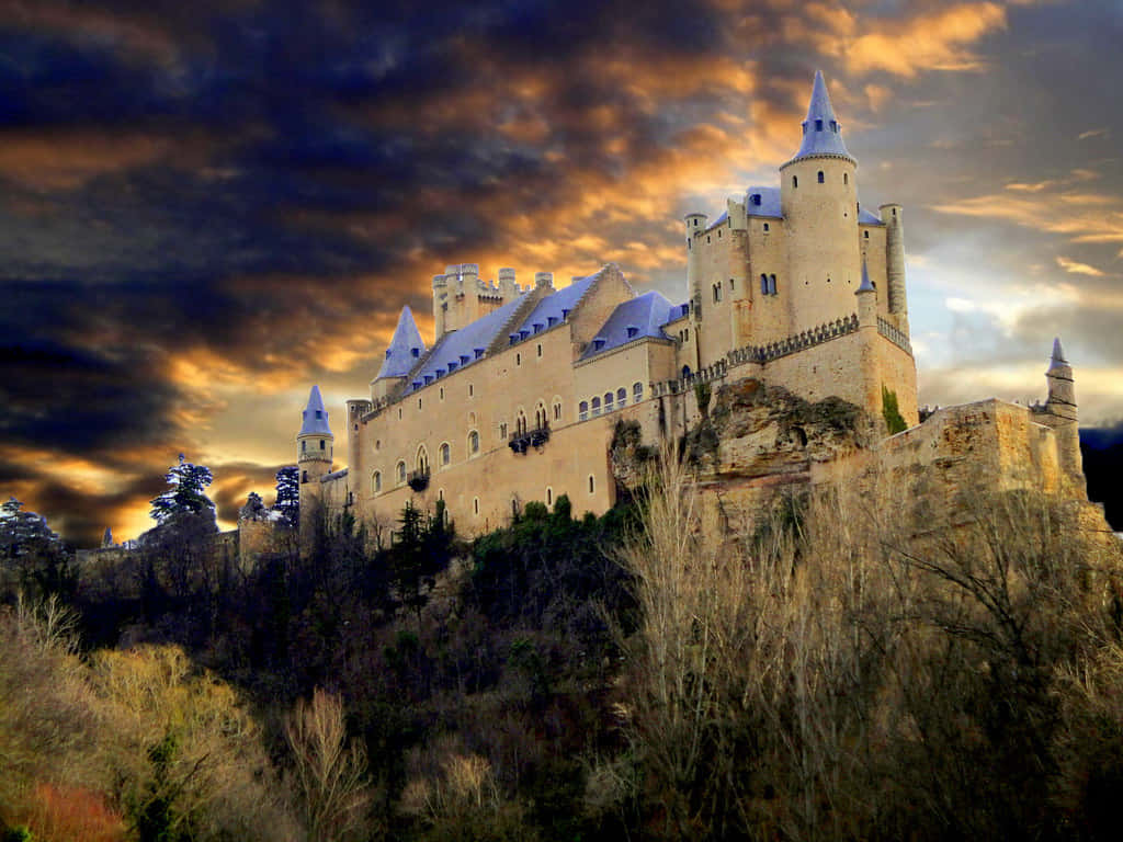 Segovia Castle Dark Cloudy Sky Background