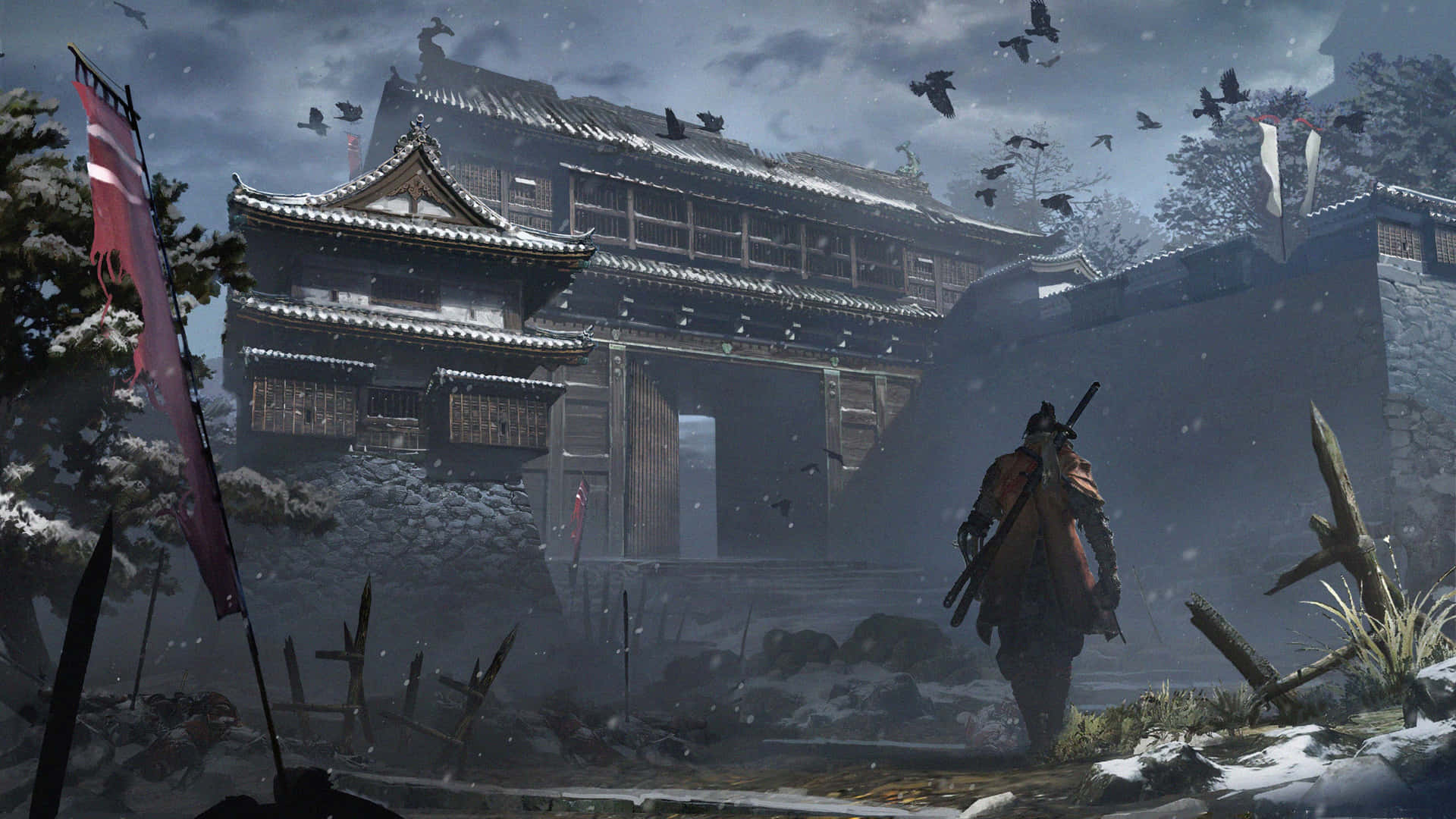 Sekiro Snowy Japanese Fortress Approach Background