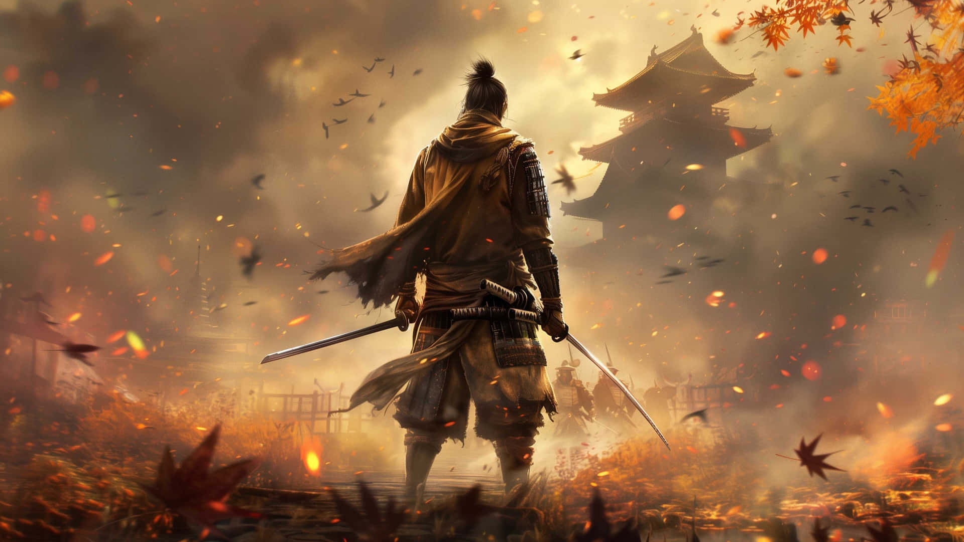 Sekiro Warrior Beneath Autumn Leaves4 K Background