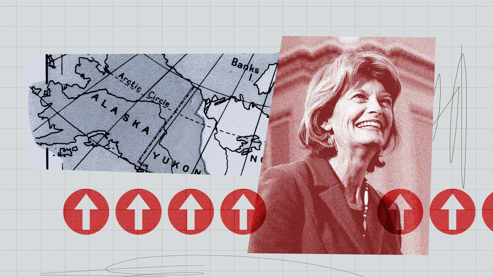 Senator Lisa Murkowski With Up Arrows And Alaska Map