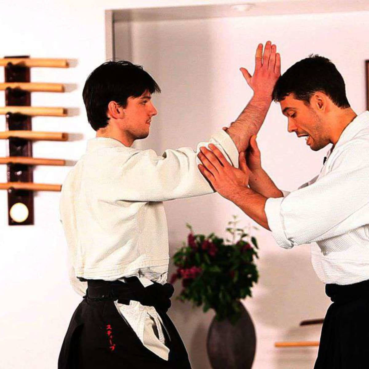 Sensei Demonstrating Nikyo Technique In Traditional Aikido Class Background