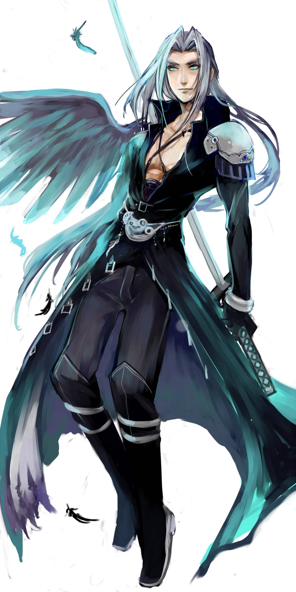 Sephiroth Light Blue Wing And Sword Background