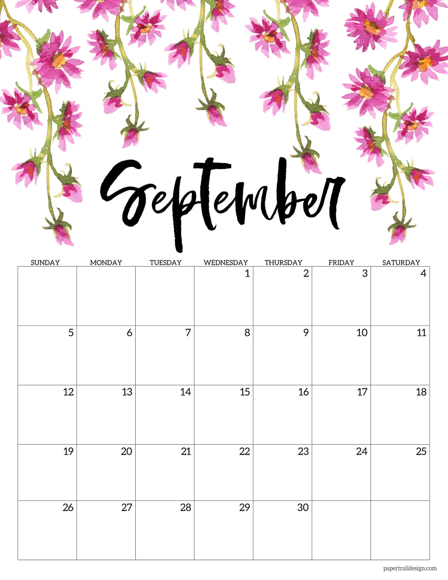 September 2019 Calendar With Pink Flowers Background