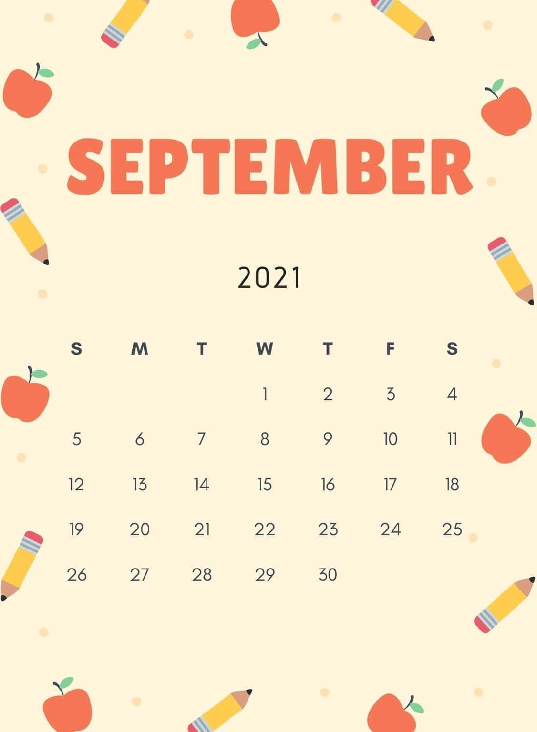 September 2021 Calendar Apples And Pencils Background