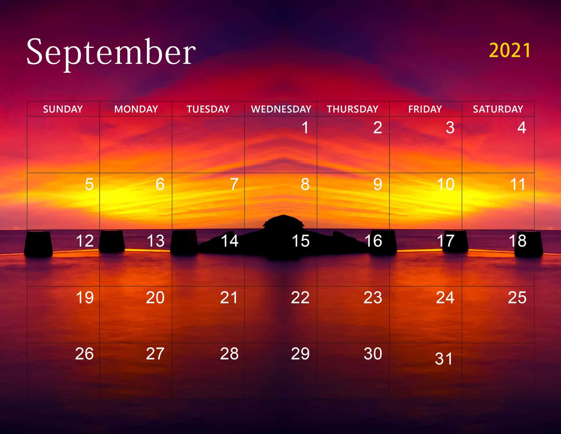 September 2021 Calendar Scenic Sunset Sky Background