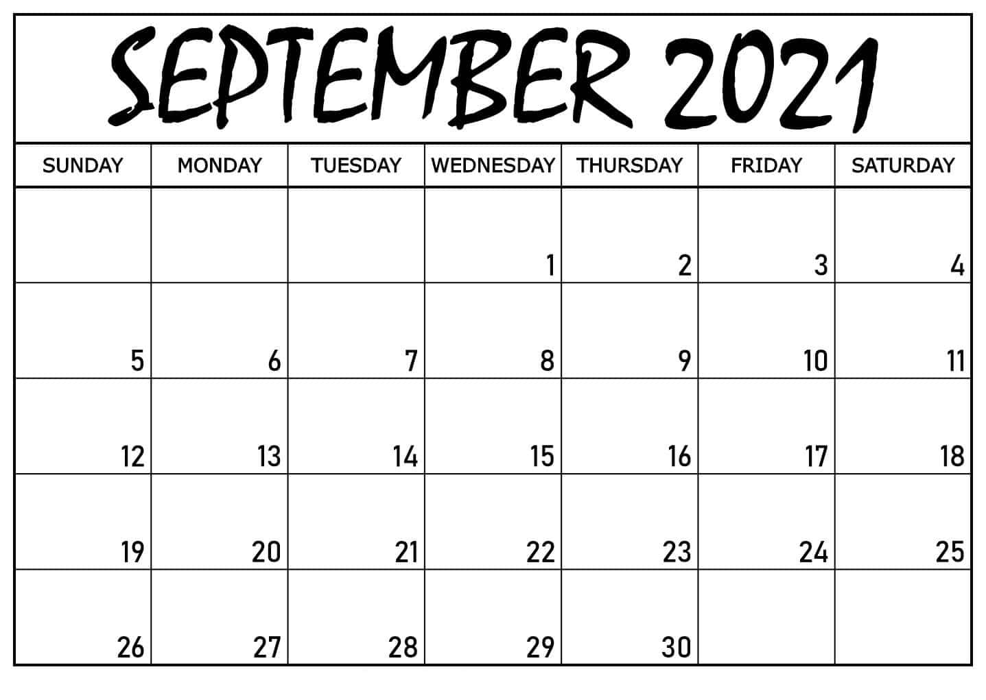 September 2021 Calendar Standard White Design Background