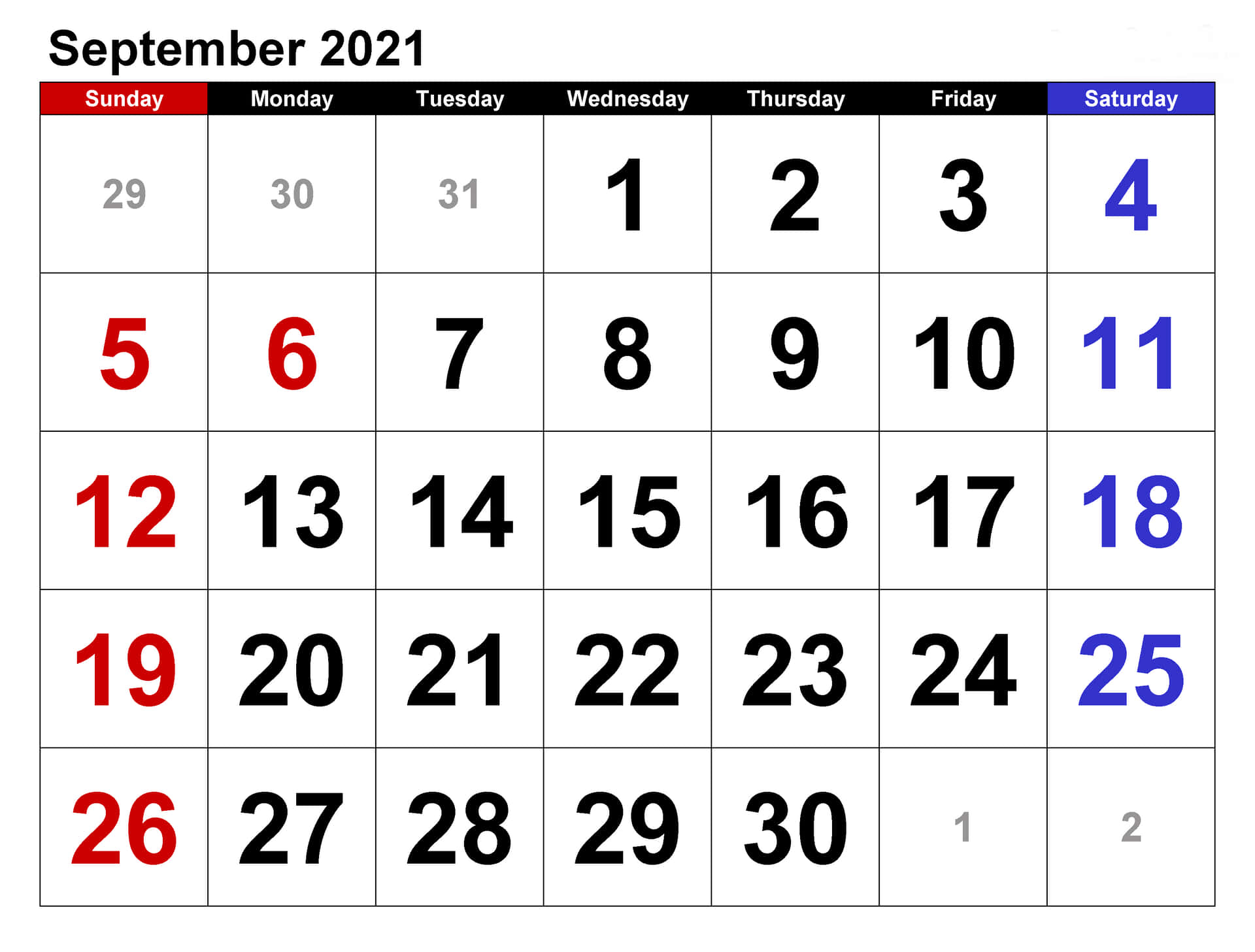 September 2021 Calendar With Holidays