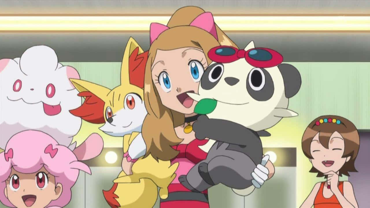 Serena Carrying Pancham And Fennekin Background