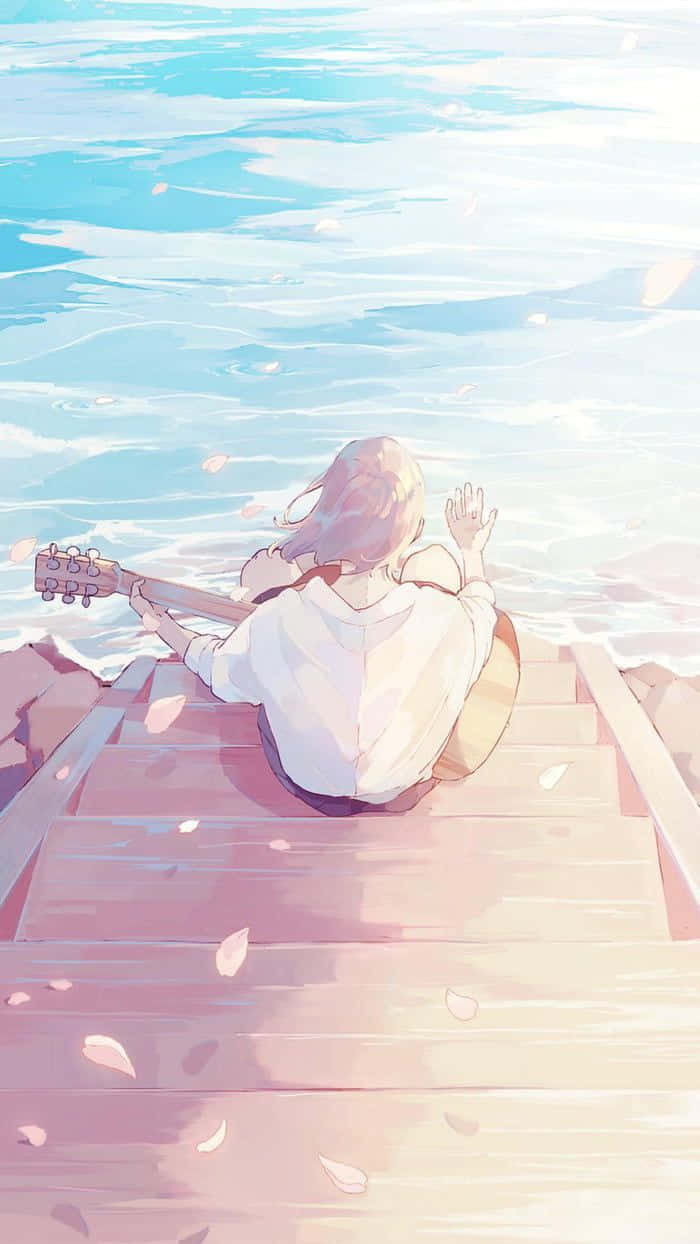 Serene_ Anime_ Guitarist_by_ Waterfront Background