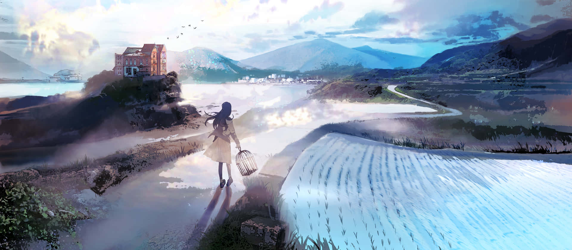 Serene Anime Landscapewith Character Background