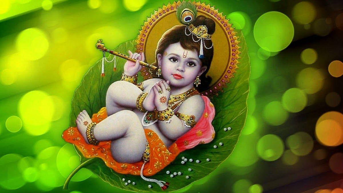 Serene Bal Krishna Reposing On Peepal Leaf Background