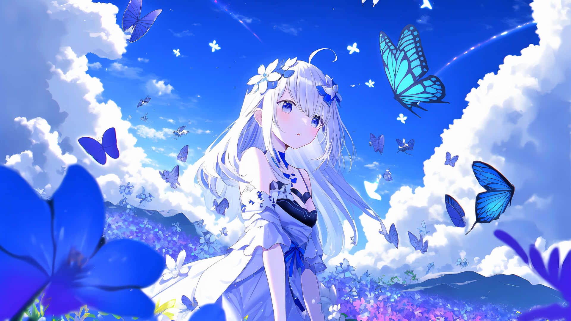 Serene Butterfly Meadow Anime Girl